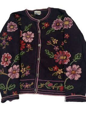 Coldwater Creek Medium M Floral Embroidered Cardigan Sweater Vintage Black